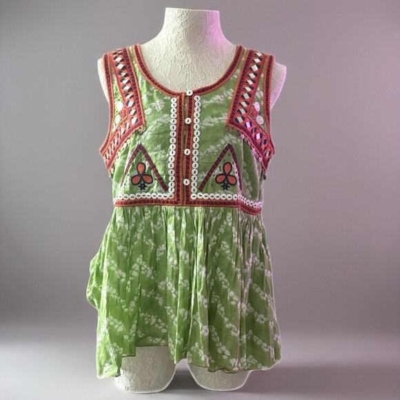 Indigo Moon Green Mirror Embroidered Festival Boho Top Medium Sleeveless Cotton - Picture 9 of 13